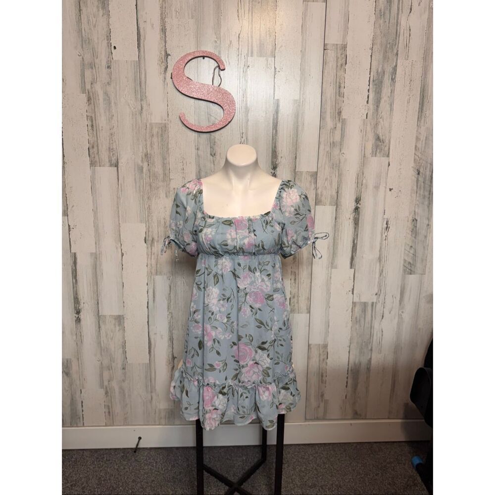 Derek Heart Floral Babydoll Dress Small Blue Pink Puff Sleeve Ruffle Hem
